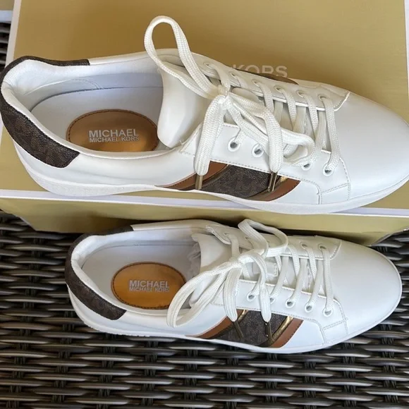 Michael Kors Poppy Stripe Lace Up Nappa Faux Leather WMNS Optic White/Brown - Picture 7 of 16